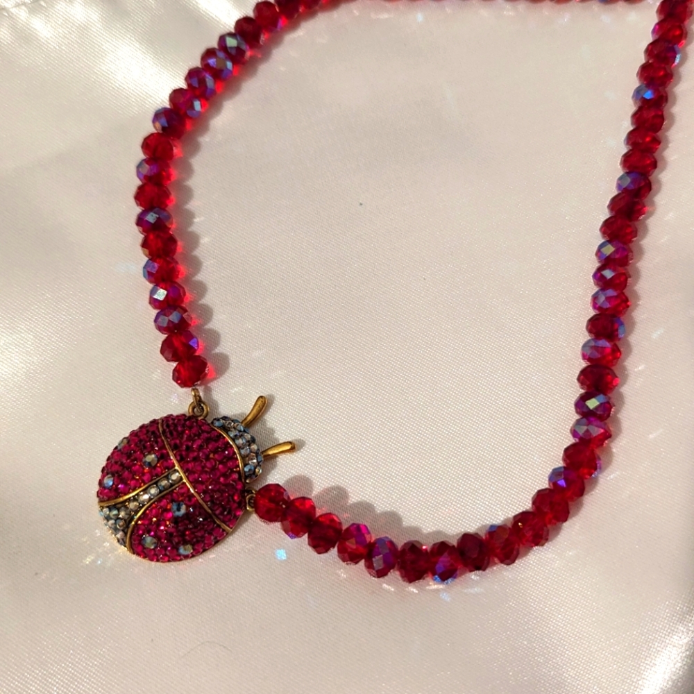 Kirks Folly Ladybird Necklace - Gold Red - Lady Bug Beaded